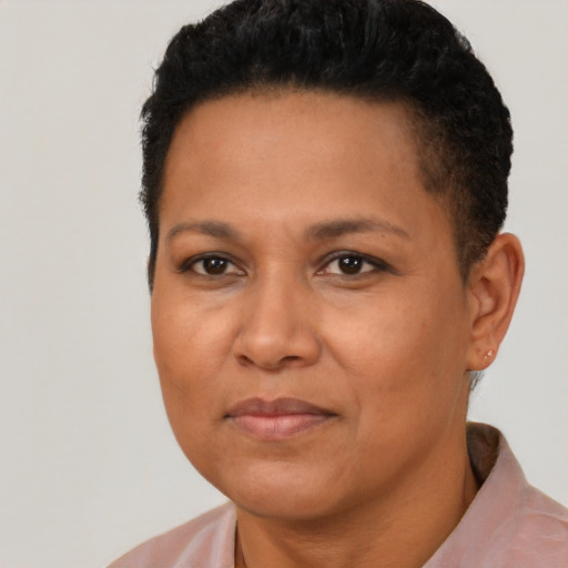 Neutral black adult female with short  black hair and brown eyes
