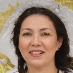 Joyful white adult female with medium  brown hair and brown eyes