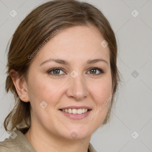 Joyful white young-adult female with medium  brown hair and grey eyes