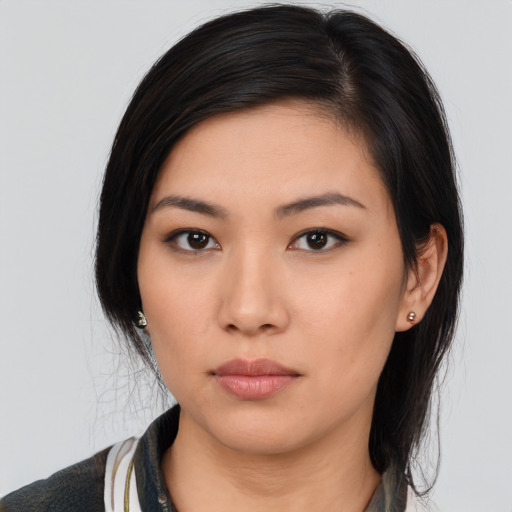 Neutral asian young-adult female with long  black hair and brown eyes