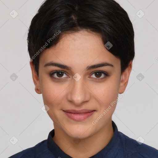 Joyful white young-adult female with short  brown hair and brown eyes