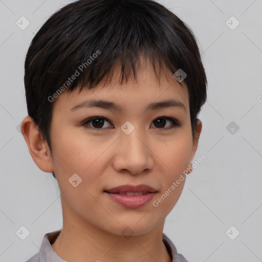 Joyful asian young-adult female with short  brown hair and brown eyes