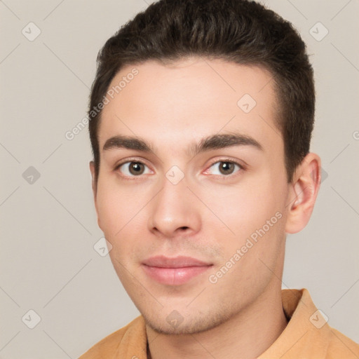 Neutral white young-adult male with short  brown hair and brown eyes