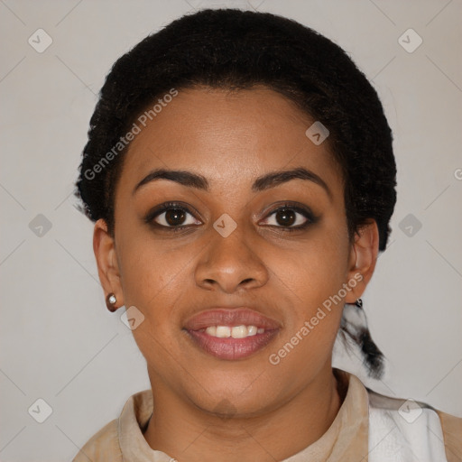 Joyful latino young-adult female with short  brown hair and brown eyes