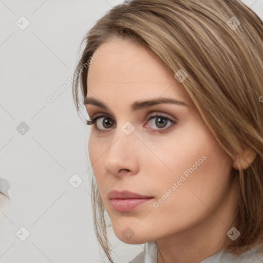 Neutral white young-adult female with medium  brown hair and brown eyes