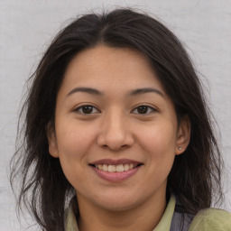 Joyful asian young-adult female with medium  brown hair and brown eyes