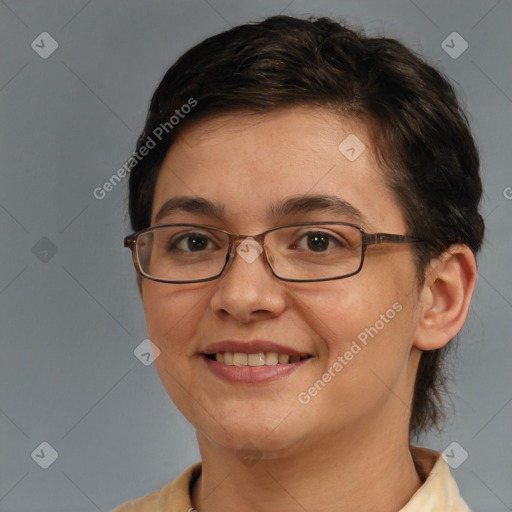 Joyful white adult female with medium  brown hair and brown eyes