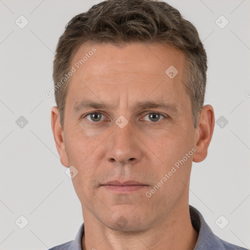 Neutral white adult male with short  brown hair and brown eyes