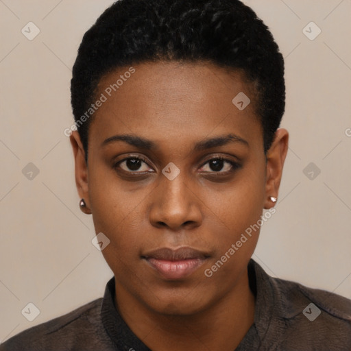 Neutral black young-adult female with short  black hair and brown eyes