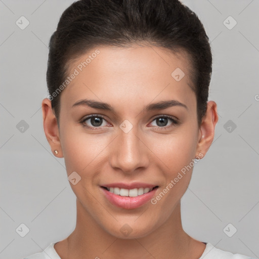 Joyful white young-adult female with short  brown hair and brown eyes