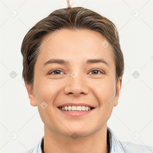 Joyful white young-adult female with short  brown hair and brown eyes