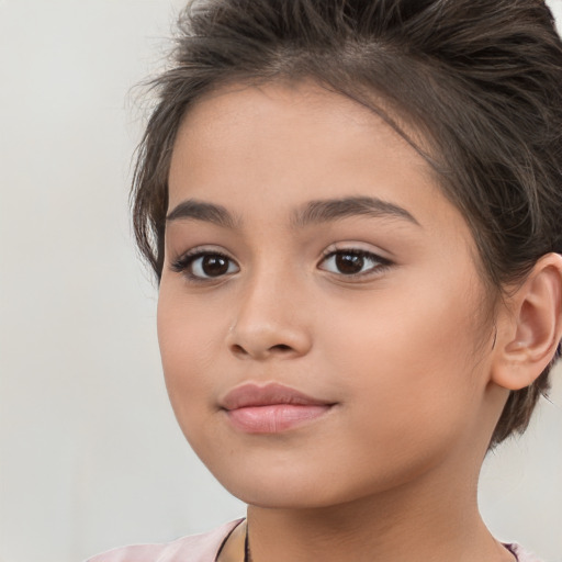 Joyful white child female with medium  brown hair and brown eyes