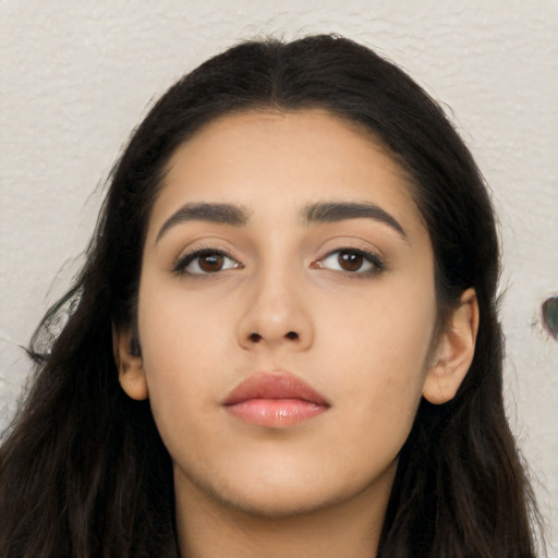 Neutral asian young-adult female with long  black hair and brown eyes