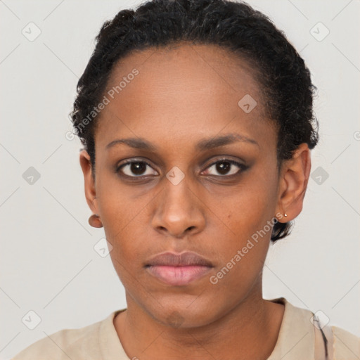 Neutral black young-adult female with short  brown hair and brown eyes