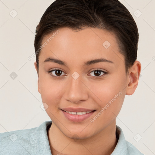 Joyful white young-adult female with short  brown hair and brown eyes