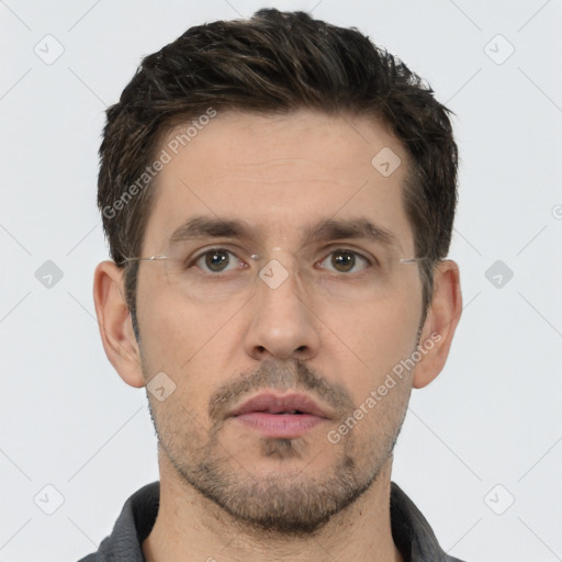 Neutral white adult male with short  brown hair and brown eyes