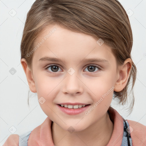 Joyful white child female with medium  brown hair and brown eyes