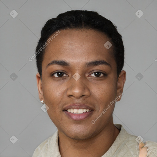 Joyful black young-adult female with short  black hair and brown eyes