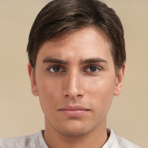 Neutral white young-adult male with short  brown hair and brown eyes