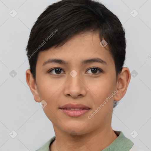 Joyful asian young-adult female with short  brown hair and brown eyes