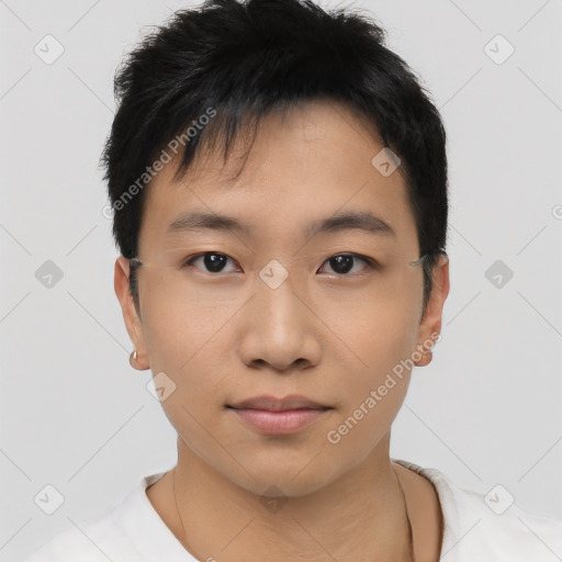 Neutral asian young-adult male with short  black hair and brown eyes