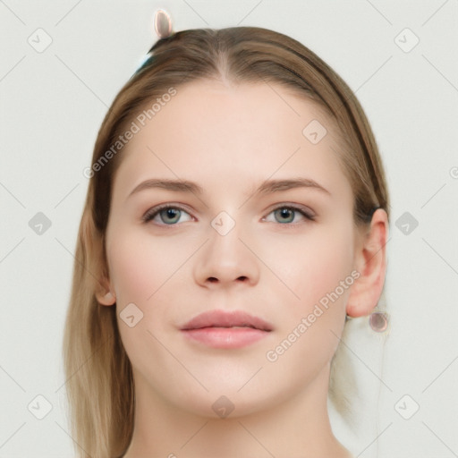 Neutral white young-adult female with long  brown hair and grey eyes