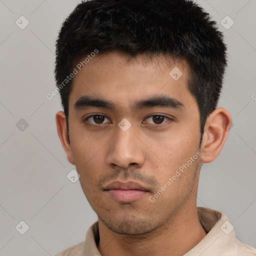 Neutral asian young-adult male with short  black hair and brown eyes