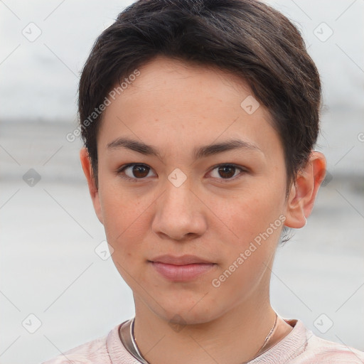 Neutral white young-adult female with short  brown hair and brown eyes