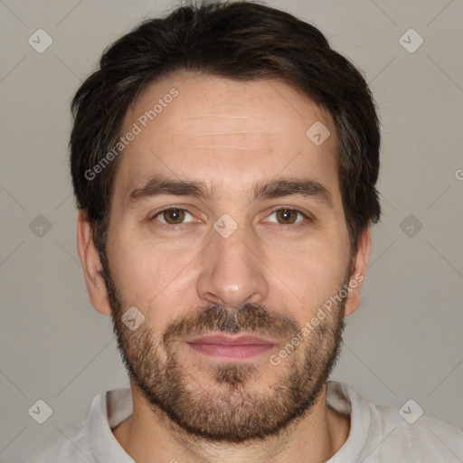 Joyful white adult male with short  brown hair and brown eyes