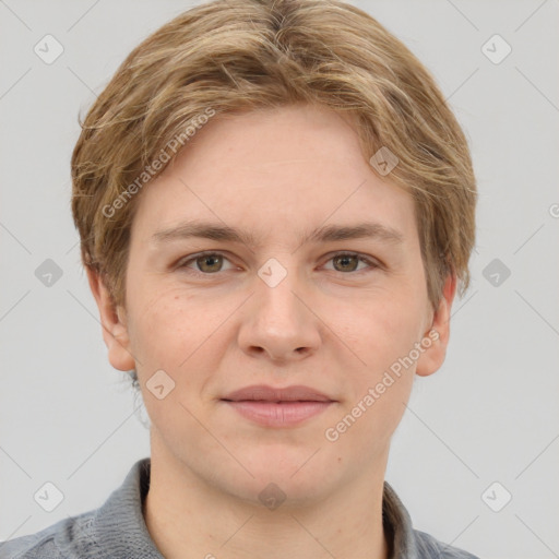 Joyful white young-adult female with short  brown hair and grey eyes