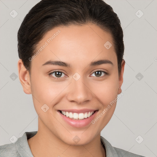 Joyful white young-adult female with short  brown hair and brown eyes