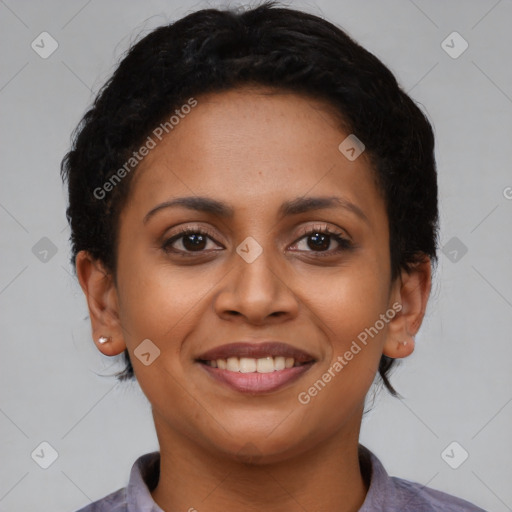 Joyful latino young-adult female with short  brown hair and brown eyes