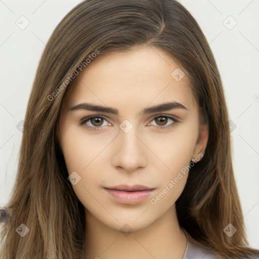 Neutral white young-adult female with long  brown hair and brown eyes