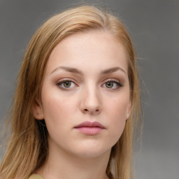 Neutral white young-adult female with medium  brown hair and blue eyes