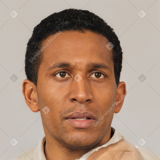 Neutral latino young-adult male with short  brown hair and brown eyes