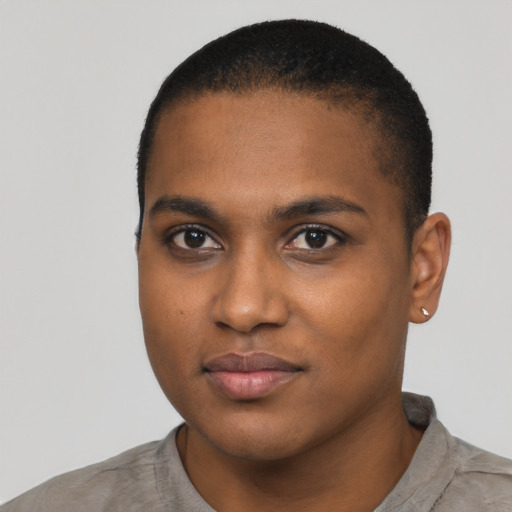 Neutral black young-adult male with short  black hair and brown eyes