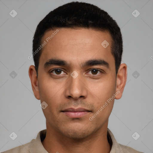 Neutral latino young-adult male with short  black hair and brown eyes