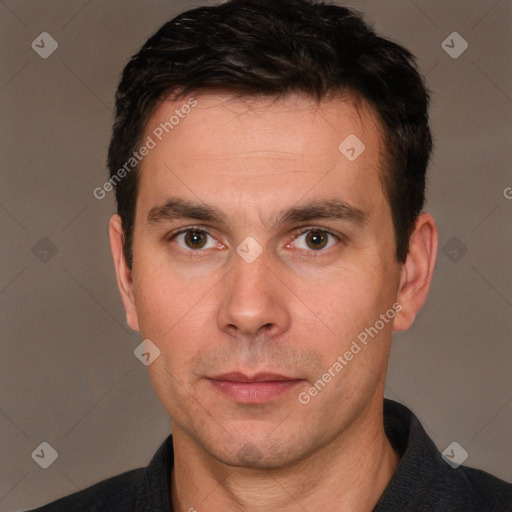 Neutral white adult male with short  brown hair and brown eyes