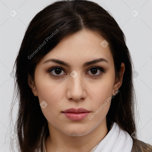 Neutral white young-adult female with medium  brown hair and brown eyes