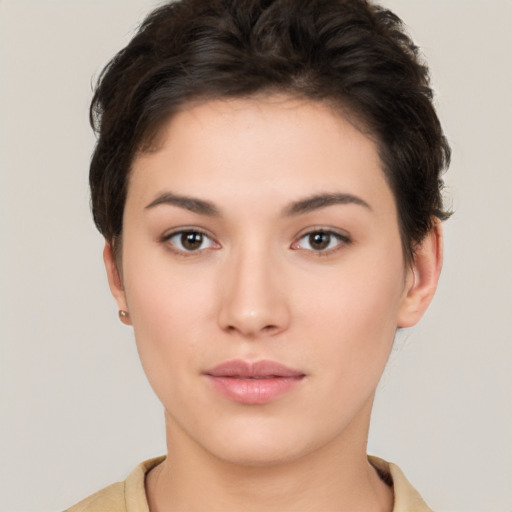 Neutral white young-adult female with short  brown hair and brown eyes