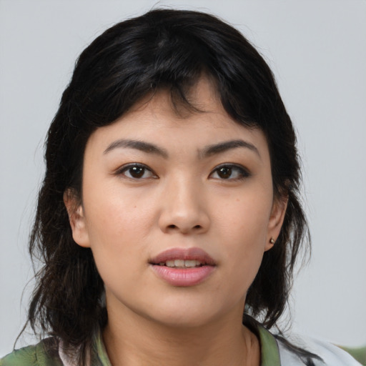 Neutral asian young-adult female with medium  brown hair and brown eyes