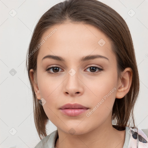 Neutral white young-adult female with medium  brown hair and brown eyes