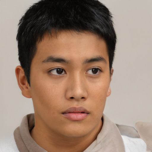 Neutral asian young-adult male with short  brown hair and brown eyes