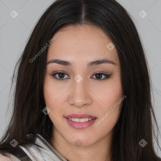 Joyful asian young-adult female with long  brown hair and brown eyes