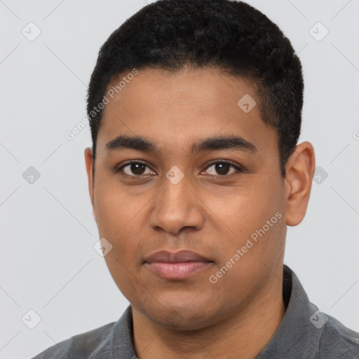 Neutral latino young-adult male with short  black hair and brown eyes