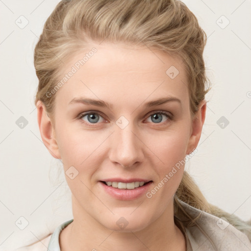 Joyful white young-adult female with medium  brown hair and blue eyes