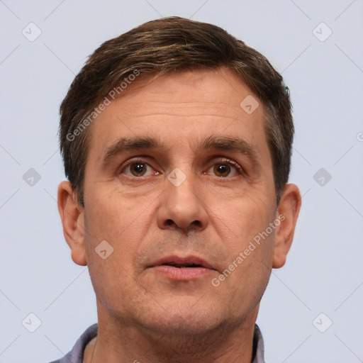 Neutral white adult male with short  brown hair and brown eyes