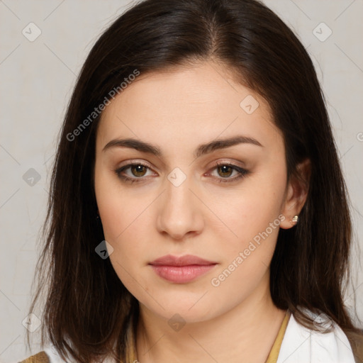 Neutral white young-adult female with medium  brown hair and brown eyes