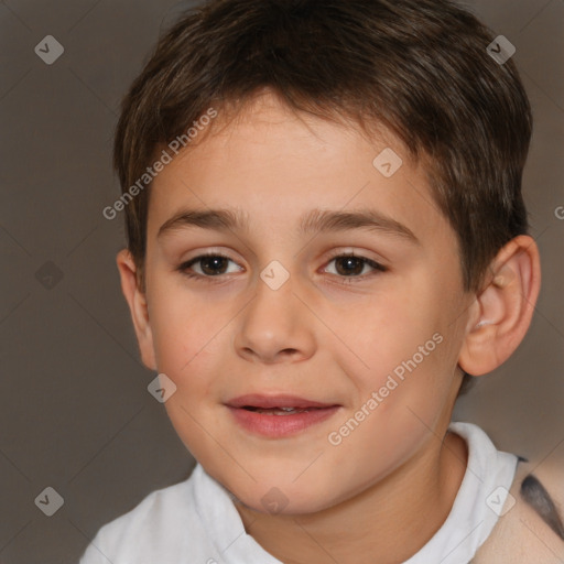 Joyful white child male with short  brown hair and brown eyes