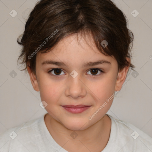 Joyful white child female with medium  brown hair and brown eyes